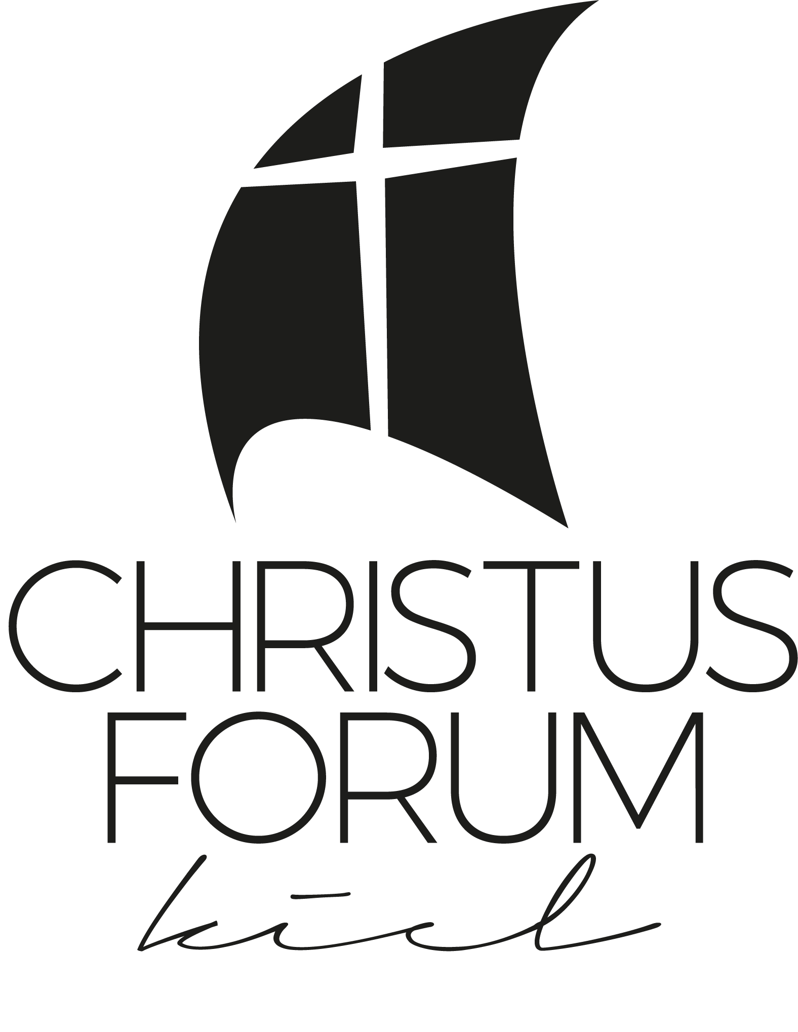 Segel mit Kreuz im Wind, dadrunter steht Christus-Forum Kiel